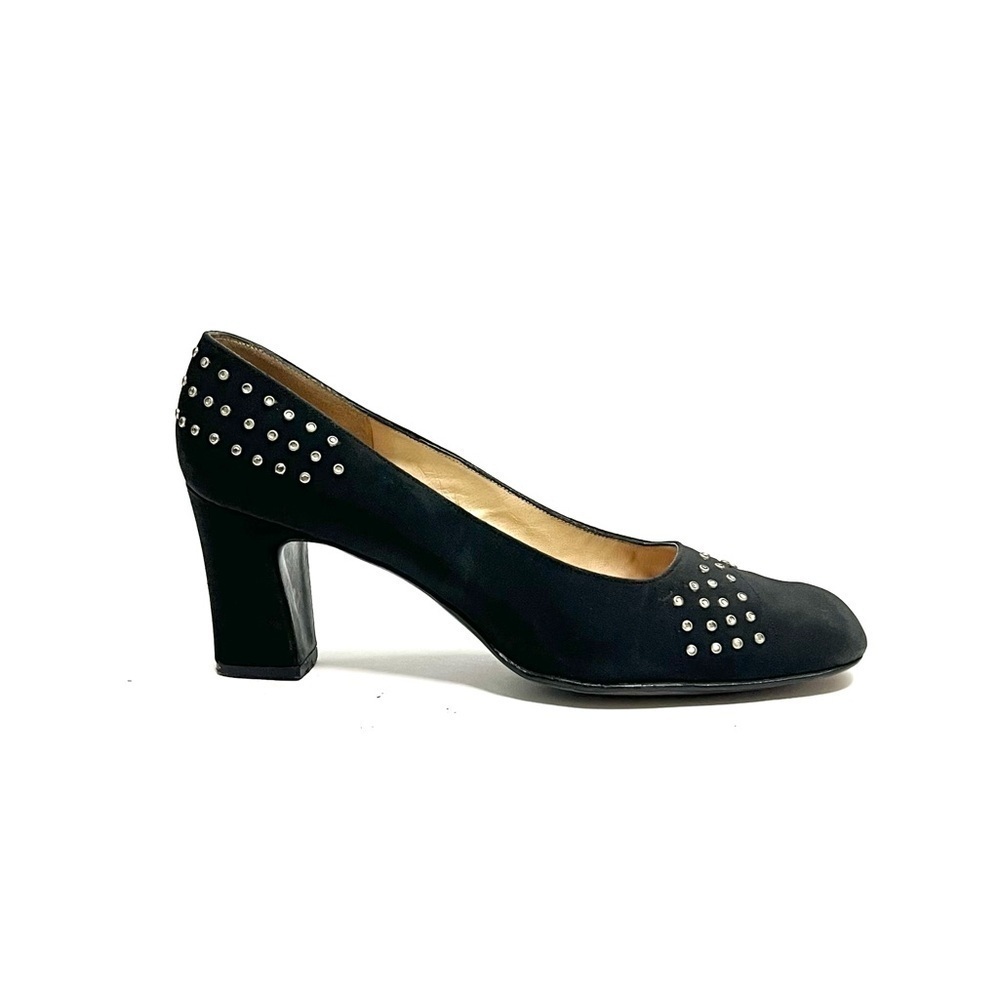 Vintage 1950s black nylon fabric rhinestone studded formal pumps